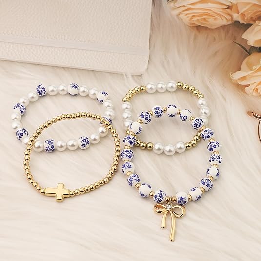 BATHRINS 4 Pcs Stackable Stretch Beaded Bracelets for Women Cross Bow Pearl Bracelet Trendy Vintage Jewelry 3