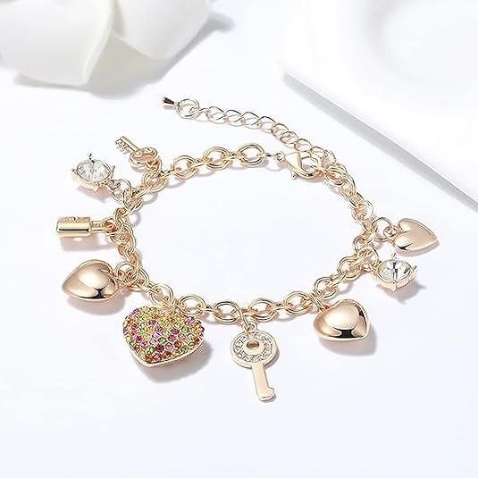 SILANER Gold Chain Link Bracelet - 7"+ 2" Extender 14K Gold Plated Love Locked Bracelets for Women, with Crystal, Love Heart,Key, Lock, Charm Bracelet 2