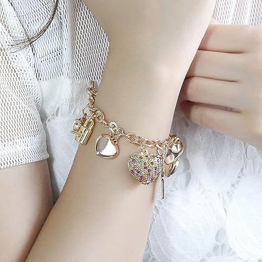 SILANER Gold Chain Link Bracelet - 7"+ 2" Extender 14K Gold Plated Love Locked Bracelets for Women, with Crystal, Love Heart,Key, Lock, Charm Bracelet 3