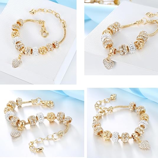 2 Pack Charm Bracelets Pink and Gold Heart Silver Plated Charm Bracelet, DIY Jewelry for Women Gifts, with Beads, Crystal, Charms, Love and Adjustable Snake Chain, Fits 7.5"+1.5" 2