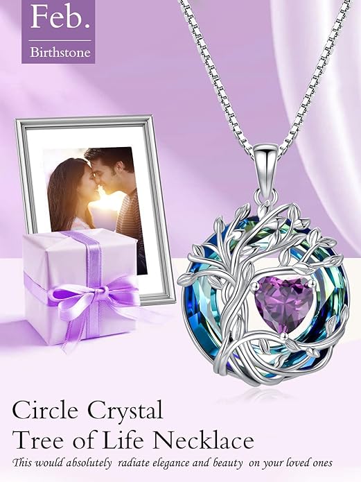 TOUPOP Tree of Life Birthstone Necklace 925 Sterling Silver Pendant Austrian Crystal Jewelry Anniversary Valentine's Day Birthday Gifts for Women Mom Her Wife 2