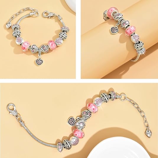 2 Pack Charm Bracelets Pink and Gold Heart Silver Plated Charm Bracelet, DIY Jewelry for Women Gifts, with Beads, Crystal, Charms, Love and Adjustable Snake Chain, Fits 7.5"+1.5" 3