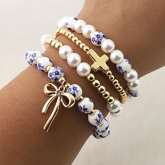 BATHRINS 4 Pcs Stackable Stretch Beaded Bracelets for Women Cross Bow Pearl Bracelet Trendy Vintage Jewelry 2