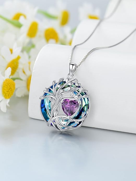 TOUPOP Tree of Life Birthstone Necklace 925 Sterling Silver Pendant Austrian Crystal Jewelry Anniversary Valentine's Day Birthday Gifts for Women Mom Her Wife 3